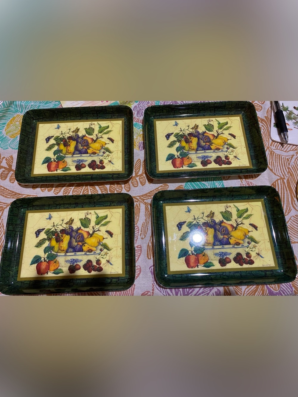 Lacquerware Trays (4) of Still Life Fruit, Butterflies & Bowl. Green Border. EUC